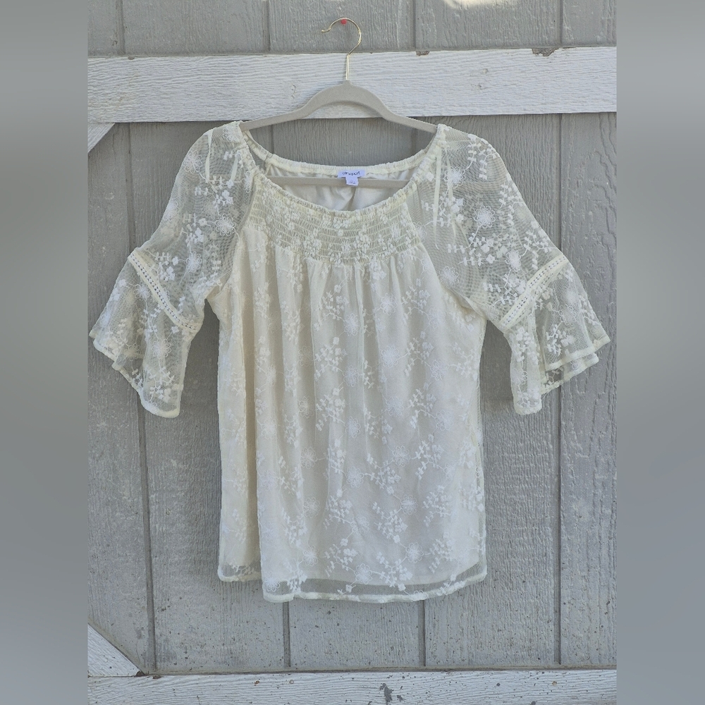 WESTPORT  Women's Blouse Floral Lace Peasant Top Bell Sleeves Cream Boho Size L - Picture 2 of 11